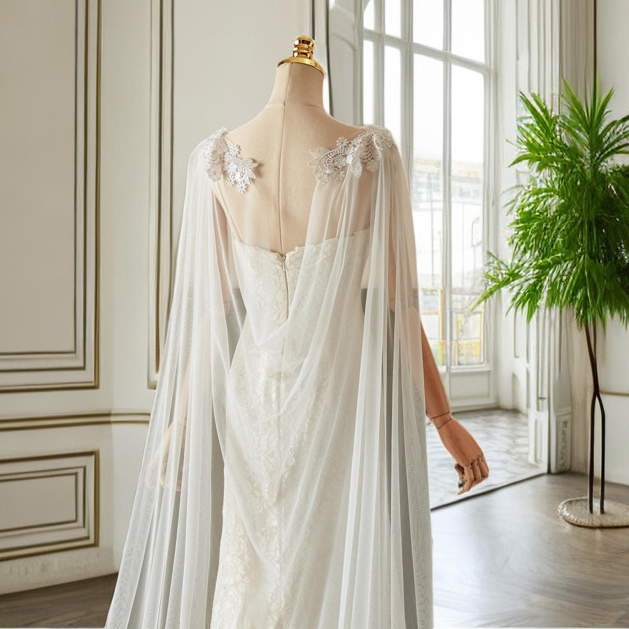 Long bridal cape, Bridal cape veil with back necklace - Bieauli 