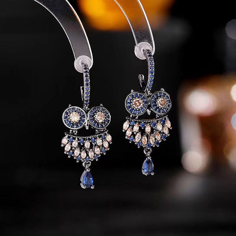 Bieauli Jewellery London Earrings blue Silver Pin Owl Earrings with Diamond