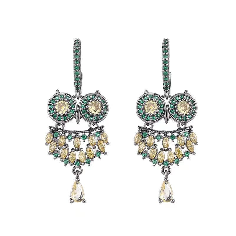 Bieauli Jewellery London Earrings green Silver Pin Owl Earrings with Diamond