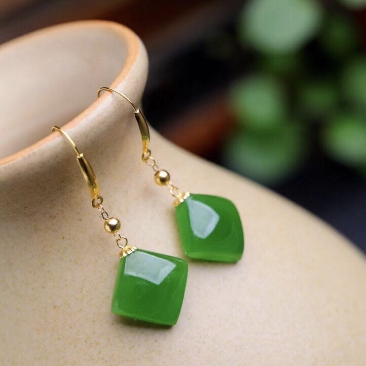 Bieauli Jewellery London Earrings Square Emerald Green Earrings, Natural Chinese Hetian Jade Earrings