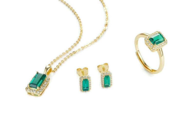 Bieauli Necklace, Ring & Earrings Set Gold & Emerald Earrings, Necklace and Ring Set