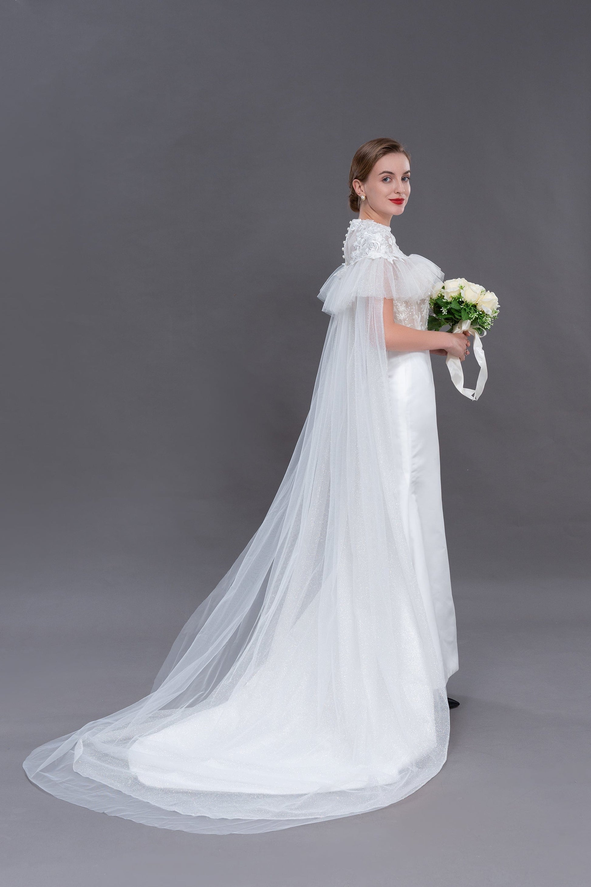 Bieauli  veil ivor wedding cape, elegant lace, tulle cape veil, bridal cape, bridal robe, sheer cover-up,detachable train