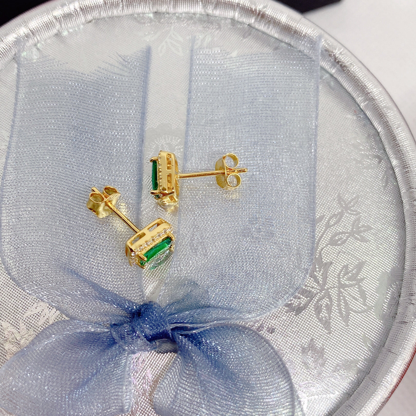 18k Gold Plated 925 Silver Earrings With Precision Cut Green Emeralds - Bieauli 